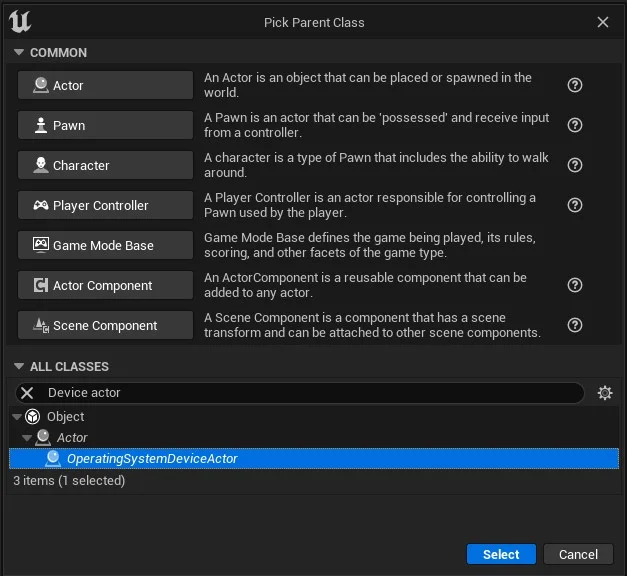 Pick parent class screenshot