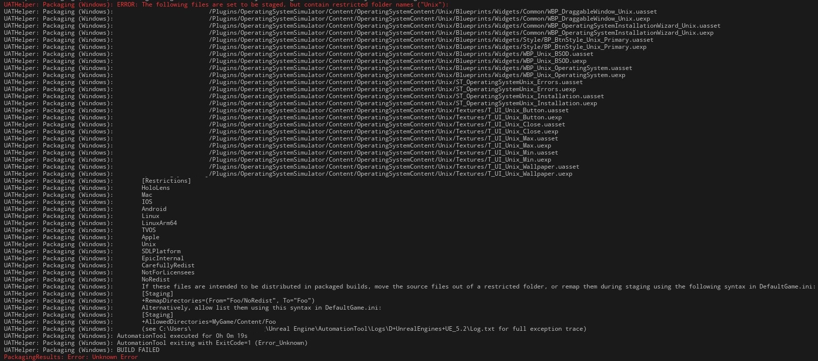 Packaging error screenshot