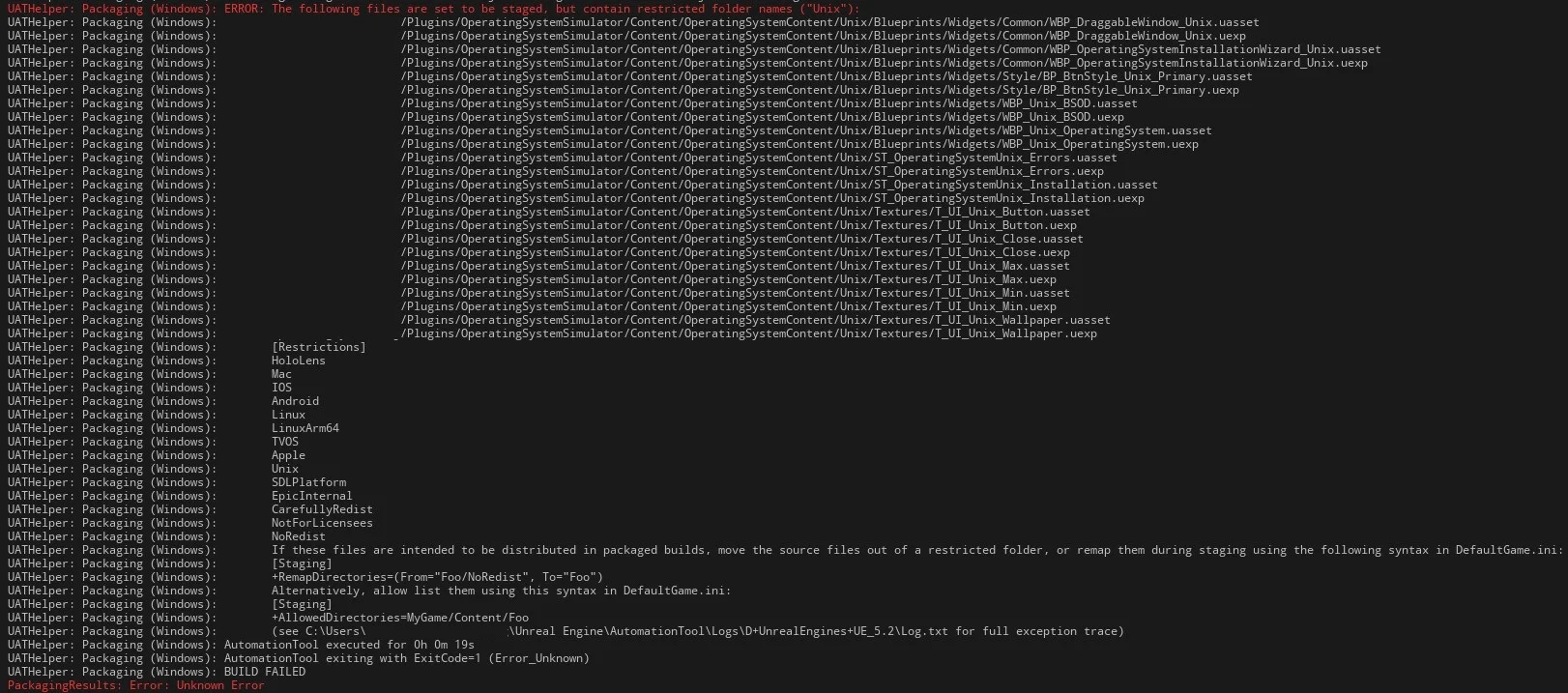 Packaging error screenshot