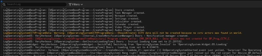 Output log showing CCTV ShouldCreate warning and ERR_DATA_NULL